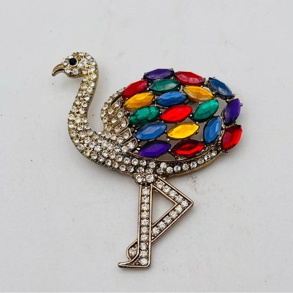 Stunning Colorful Rhinestone Flamingo Statement Brooch - Picture 5 of 13